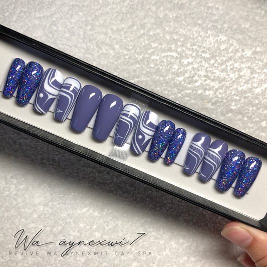 purple and blue glitter press on nails with native indigenous art